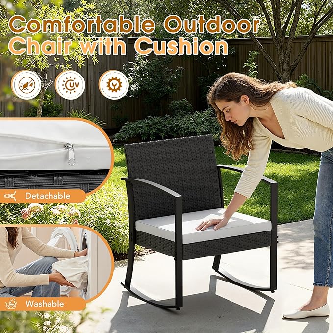 Greesum 3 Pieces Outdoor Furniture Set Patio Bistro Rocking Chairs with Glass Coffee Table for Pool Beach Backyard Balcony Porch Deck Garden, White