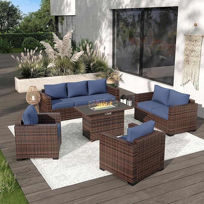 Amopatio Oversized Outdoor Sectional Sofa Set with 44" Metal Fire Pit Table & Storage Coffee Table - Waterproof Wicker Patio Furniture Set, Modular Furniture with Removable Cushions (Navy)