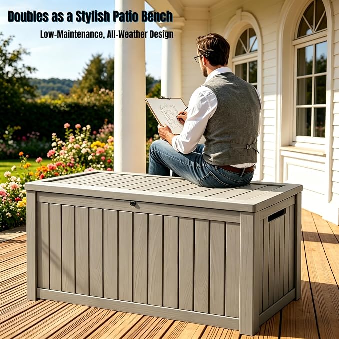 197 Gallon Large Resin Outdoor Storage Box, Waterproof Deck Box, Lockable Deck Container with Reinforced Support, Outdoor Chest for Patio Accessories, Outdoor Cushions, Garden Tools, Taupe Gray
