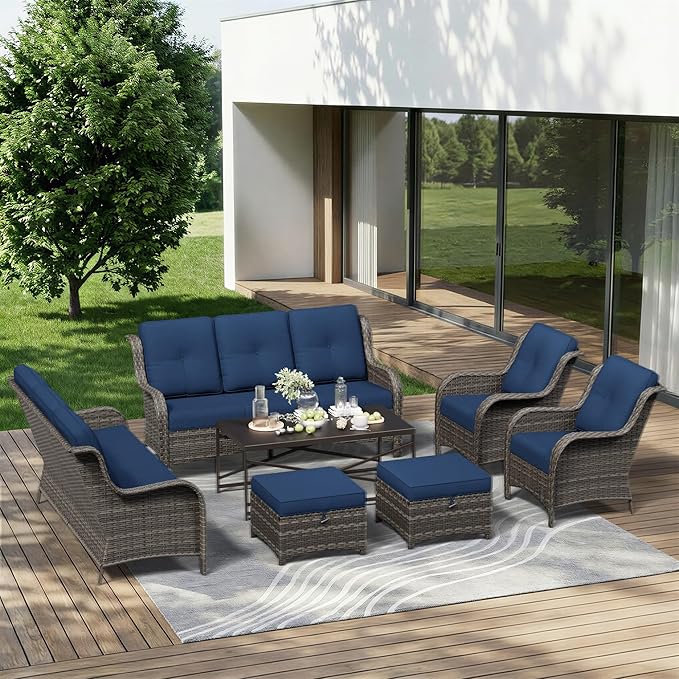 7 Piece Outdoor Wicker Patio Furniture Set, Patio Chairs Set with Thickened Olefin Cushions, High Back and Deep Seating, Hand-Woven PE Rattan, Ottoman for Porch, Deck