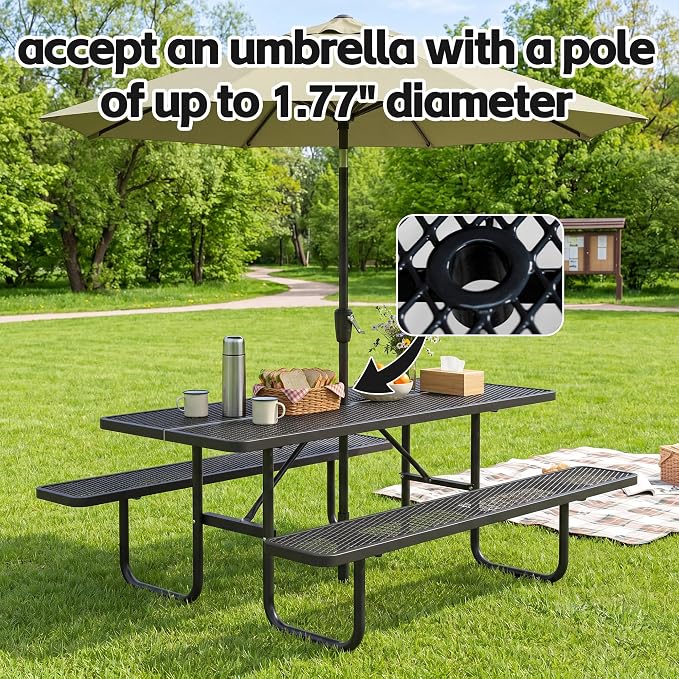 72" Outdoor Rectangular Picnic Table with Umbrella Hole, Heavy Duty Commercial Grade Steel Camping Table for Backyard Patio Deck, Weather-Resistant Black Metal Mesh
