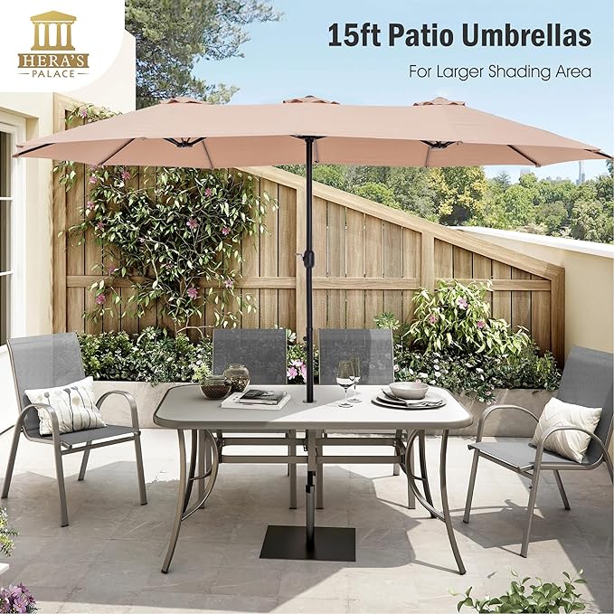 HERA'S PALACE Umbrella Patio Outdoor with Base 15ft Rectangle Table Double Market Umbrellas Clearance Large Included Stand for Deck Outside Pool Picnic Inground Yard Commercial, Beige