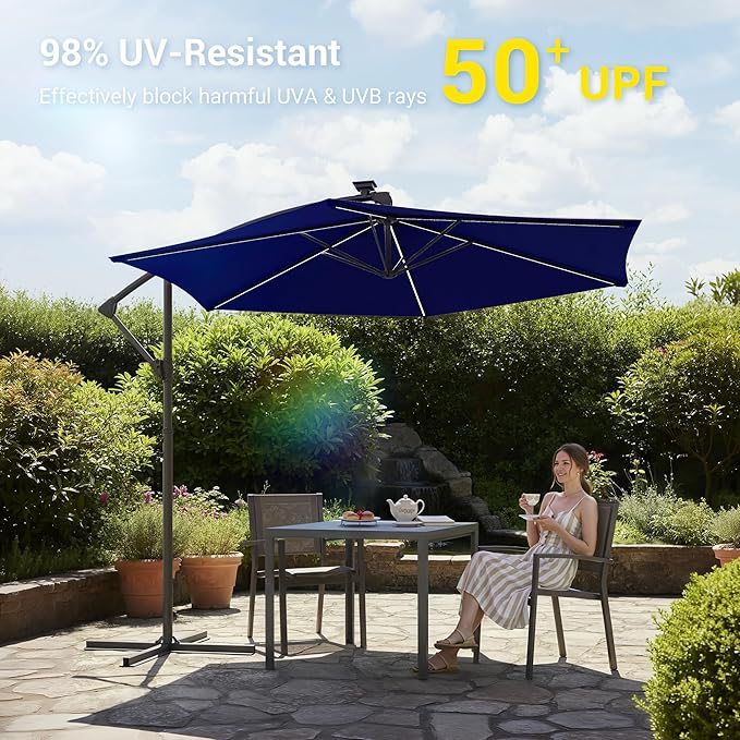 10ft Offset Patio Umbrella with Solar Light Strips,Outdoor Cantilever Hanging Umbrella with Cross Base, Fade Resistant Recycled Fabric, for Pool, Deck, Garden,Backyard,