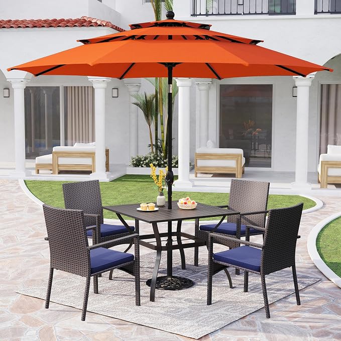 PHI VILLA 5pc Patio Dining Set with Umbrella, Square Table, Rattan Chairs | Includes 37" square metal table, 4 cushioned rattan chairs, and 10ft red umbrella. Perfect for patio, deck, yard, or porch