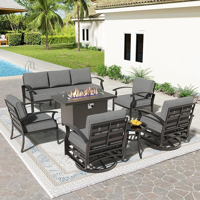 Aluminum Patio Furniture Set with 55,000 BTU Propane Fire Pit Table, 7 Seats Metal Modern Outdoor Furniture w/5.1" Cushions, Sectional w/Swivel Chairs for Backyard, Grey