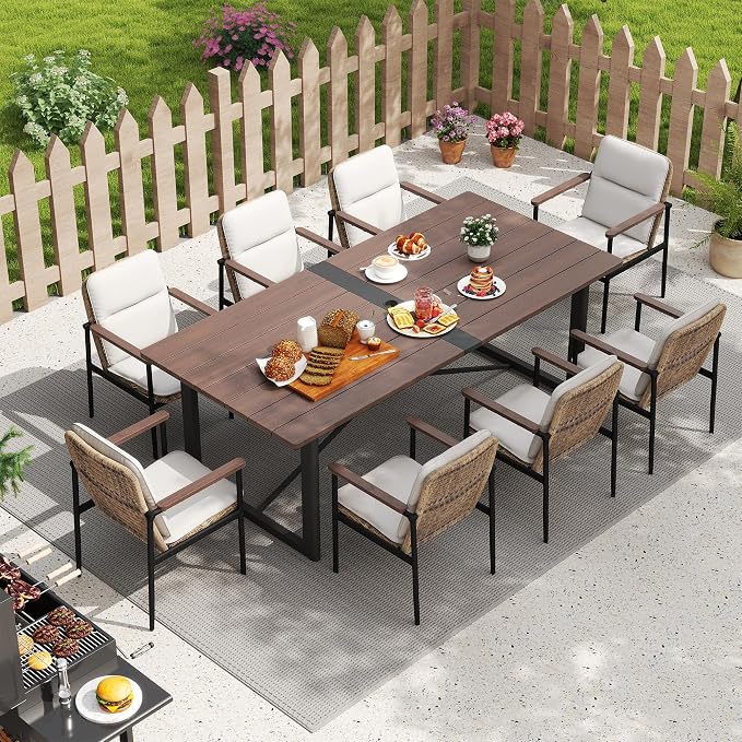 HAPPATIO 9 Piece Patio Dining Set Outdoor, 8 Wicker Chairs with Aluminum Frame and Olefin Cushions, Large Wooden Dining Table with Umbrella Hole,Patio Table and Chairs for Backyard Garden Porch
