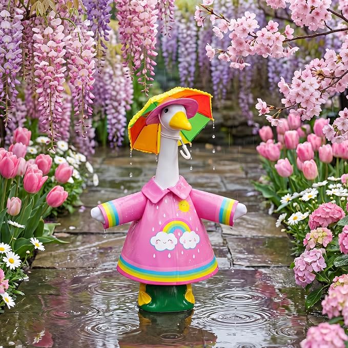 DECOHS 3 Pcs/Set Raincoat Porch Goose Outfits, Summer Lawn Goose Statue Raincoat Costume, Yard Goose Clothes Raincoats Umbrella Hat Outfit for 23" Statue Patio Garden Decoration (Rosy Rainbow)