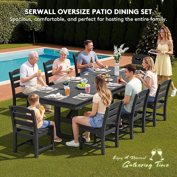 SERWALL 9 Piece Outdoor Dining Set, 84" HDPE Outdoor Table and Armless Chairs Set for 8，All Weather Patio Furniture Set with Umbrella Hole for Backyard, Garden, Black