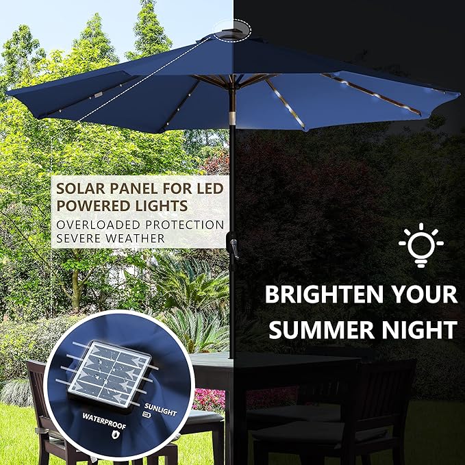 9' Round Patio Umbrella with 32 Solar Powered LED Lights, Push-Button Tilt and Hand Crank Lift, Solar Umbrella in Navy for Porch, Deck, and Patio by Sun-Ray