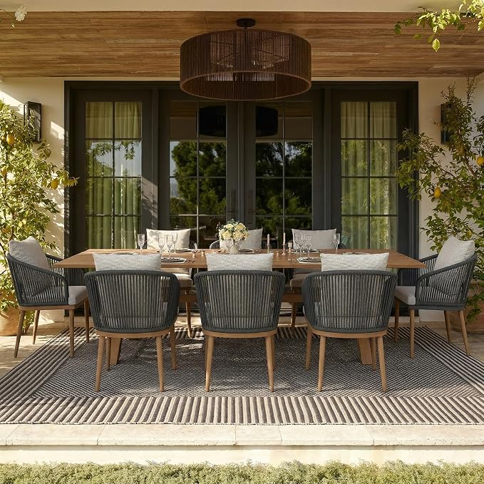 11-Piece Patio Dining Table Sets, Woven Wicker Dining Set with Rectangular Aluminum Table and Dining Chairs Modern Outdoor Dining Furniture Set for Outdoors and Indoors