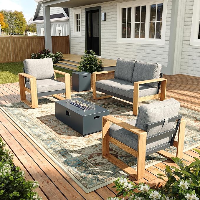 Oversized Aluminum Outdoor Patio Furniture Set, 4-Piece Modern Sectional Conversation Sets with Fire Pit Table, Wide Seat and Thick Cushions