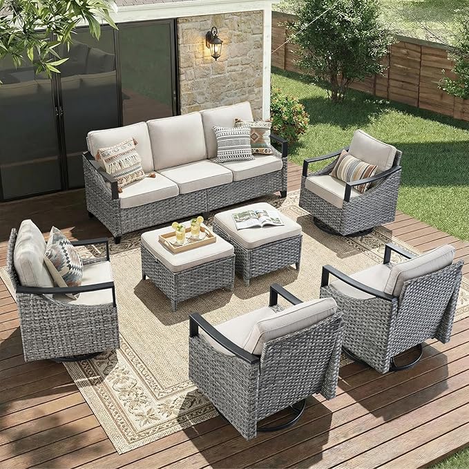 7 Piece Outdoor Patio Furniture Sets-High Back Wicker Swivel Rocker Patio Chairs Set of 4 with Thick Cushions Ottomans, Outdoor Sofa, Patio Conversation Sets for Porch Balcony Patio Deck Grey/Beige
