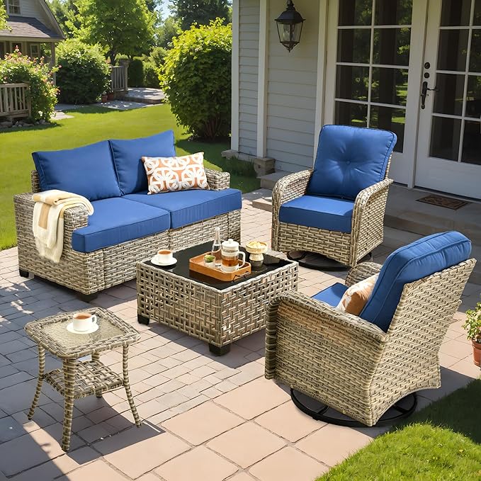 6 Pcs Outdoor Sectional Patio Furniture Set with Swivel Rocking Chair - All Weather Wicker Outside Sectional Couch,Patio Seating Outdoor Conversation Sets for Deck Yard,Navy Blue