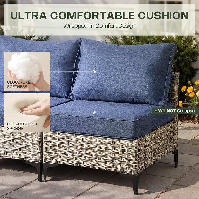11 Piece Patio Furniture Set Outdoor Sectional with 54" Fire Pit Table, Swivel Rocking Chairs and L-Shaped Rattan Couch, Modular Conversation Set with Solar Coffee Table for Deck, Denim Blue