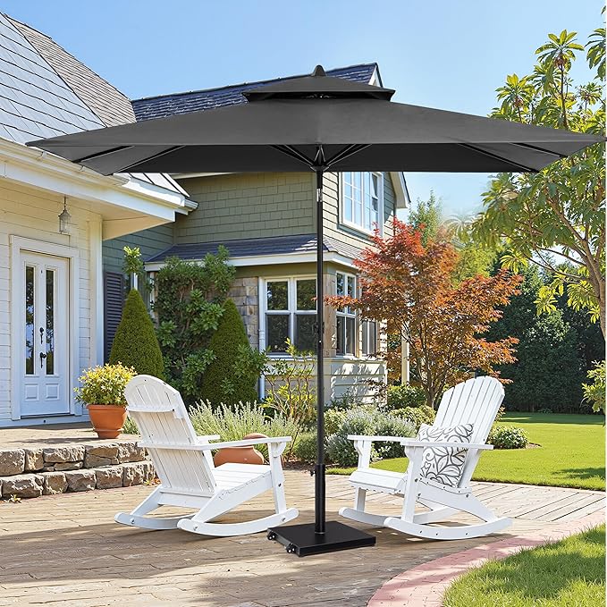 9-10ft Patio Umbrella with Base Included - Outdoor Table Umbrella with 2-Year Fade-Resistant Canopy, 43-lb Heavy-Duty Concrete Umbrella Stand with Wheel for Deck, Porch & Backyard