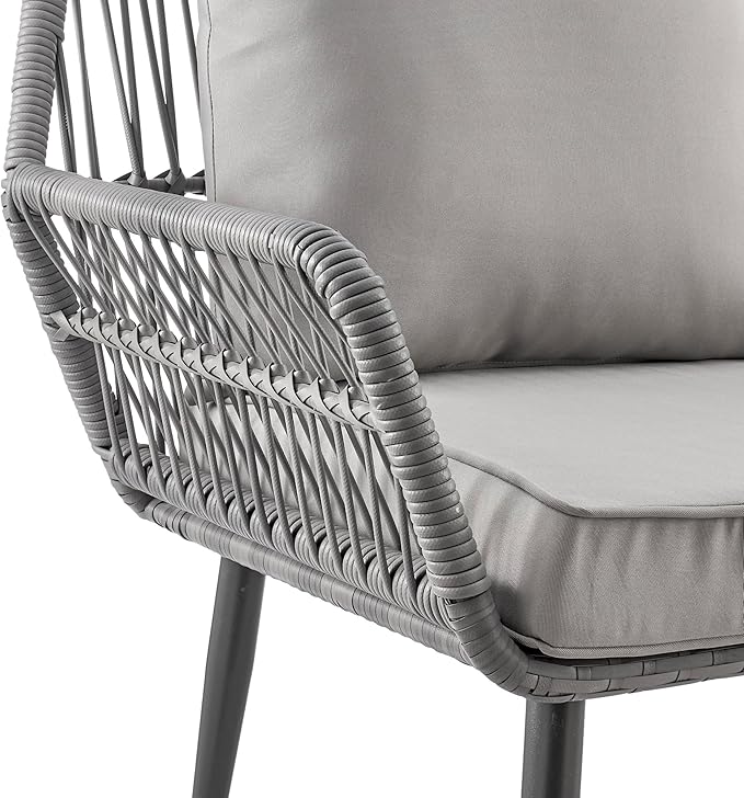 Manhattan Comfort Portofino 4-Piece Patio Conversation Set, Rope Wicker Design with Waterproof Cushions | Outdoor Furniture Includes 2 Armchairs, Loveseat & Coffee Table with Tempered Glass Top, Grey