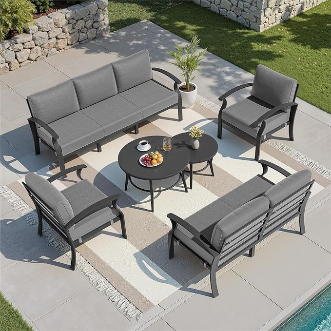 Kullavik Aluminum Patio Furniture Set with 2 Round Coffee Tables,7-seat Metal Outdoor Sectional Furniture w/5.1" Cushions,Patio Conversation Sets for Garden,Backyard,Porch-Grey