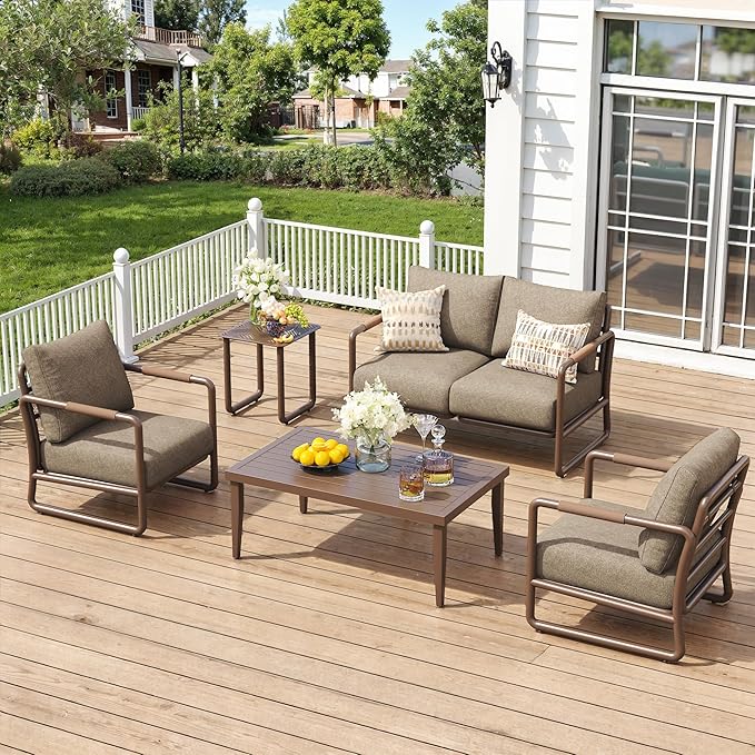Aluminum Outdoor Patio Furniture Set, 4-Piece Conversation Sofa Set with Coffee Table, Thick Cushions & All-Weather Aluminum Frame, Modern Garden Seating for Backyard, Poolside, or Porch – Brown