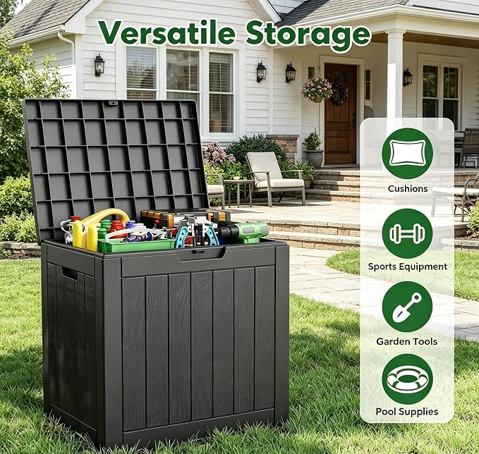 LAUSAINT HOME 31 Gallon Resin Deck Box, Package Delivery Box with Lockable Lid, Waterproof Outdoor Storage Box For Garden Tools, Patio Cushions(31 Gallon,Black)