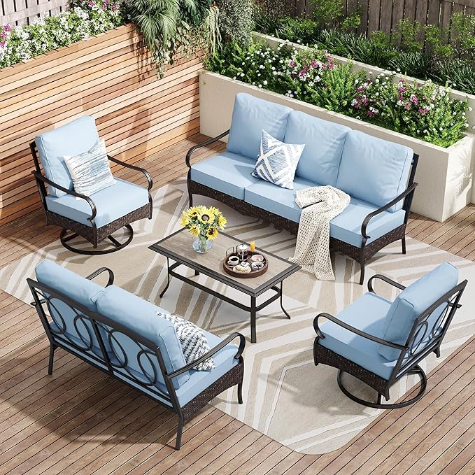 PHI VILLA Outdoor Modern Patio Furniture Set, Upgraded Wicker & Metal Patio Conversation Set with Waterproof Thick Cushions for Porch, Poolside, Yard (5 Pieces,Blue)