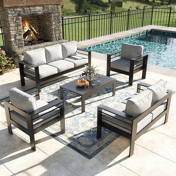 5 Pieces Modern Aluminum Patio Furniture Set, Outdoor Conversation Sets Metal Sectional Sofa with Coffee Table