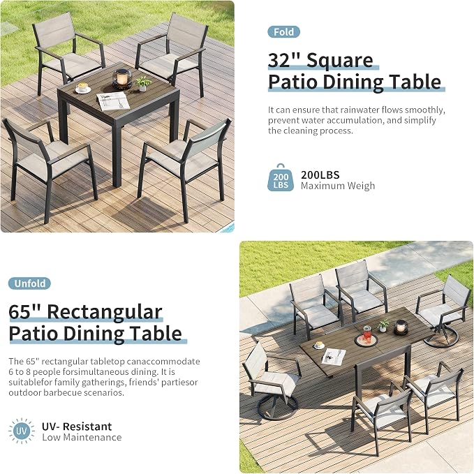 Expandable Patio Dining Table for 4-6 Person, Aluminum Extendable Outdoor Table, 32"-65" Adjustable Patio Table, Square/Rectangular Outdoor Accent Table for Garden, Backyard, Poolside, Gray