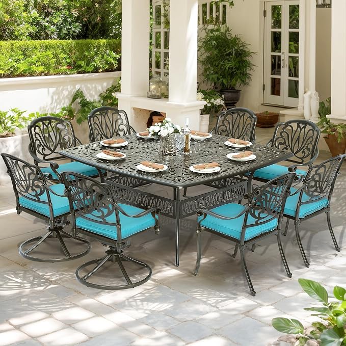 9-Piece Patio Cast Aluminum Dining Set, Outdoor Dining Furniture Set for 8 Person, Includes 64" Square Table, 4 Stationary and 4 Swivel Dining Chairs with Umbrella Hole, Ocean Blue