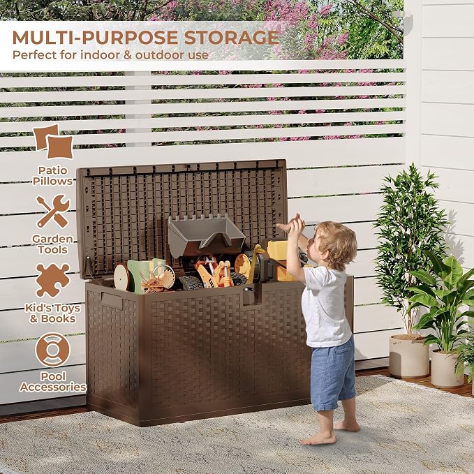 Resin Deck Box, 73 Gal Outdoor Storage Box Waterproof Lockable, Patio Square Deck Box For Package Delivery, Outside Storage Box Container for Furniture Cushions, Garden Tools, Pool Accessories, Brown