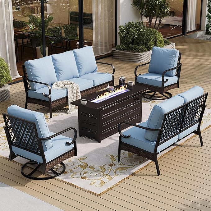 5 Piece Metal Outdoor Patio Furniture Sets with Firepit Table, Patio Conversation Sets 1 3-Seater Sofa, 1 2-Seater Loveseat, 2 Swivel Sofa with 5.75" Cushion for Backyard Deck, Blue