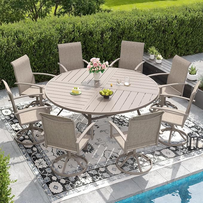 DIFY 9 Pieces Outdoor Dining Set, Metal Patio Table and Chairs Set for 8 with Umbrella Hole, 63" Round Outdoor Table and Textilene Swivel Patio Chairs for Garden, Backyard, Poolside, Sandshell