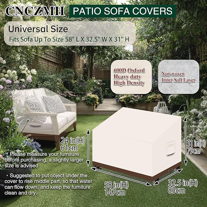 Heavy Duty Patio Sofa Covers Waterproof, Outdoor 3-Seater Couch Cover Waterproof, 600D Outdoor 2-Seater Loveseat Furniture Covers with Air Vent Handle 58''W x 32.5''D x 24''H/ 31''H Beige Brown