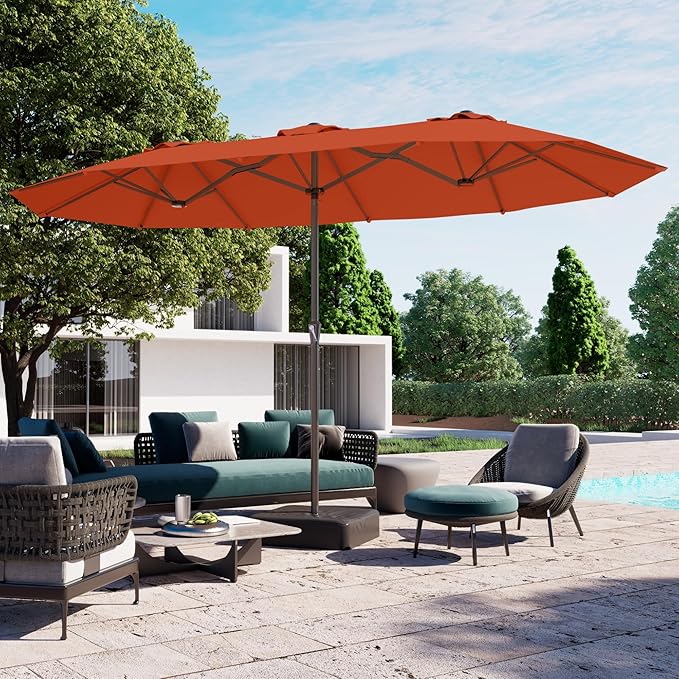 PatioKingdom 15FT Large Patio Umbrella with Base, Double Sided Rectangular Outdoor Umbrella with Sturdy Fiberglass Ribs, Market Umbrella for Pool,Garden,Backyard,Deck (Orange, 15FT)