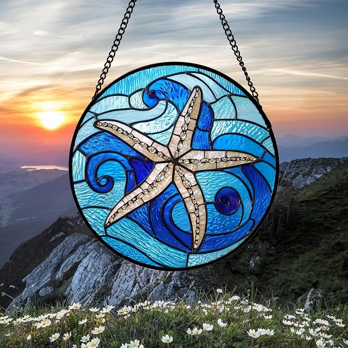 DASTOLL Stained Glass Window Hanging 4 Pcs Set Blue Ocean Waves 7.8" - Starfish Crab Seal Suncatcher Door Garden Sun Catcher Decor Birthday for Mom Woman Nana Men Friend