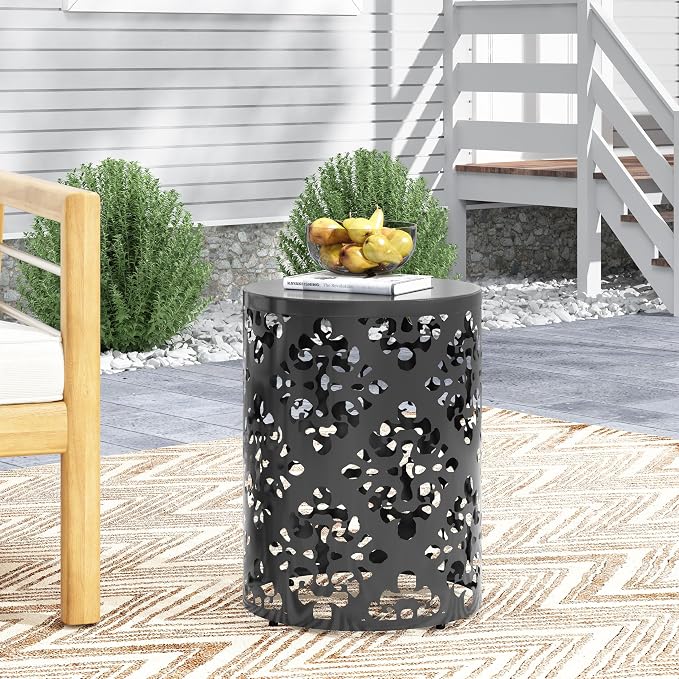 14" Cylindrical Side Table with Floral Iron Cut, Stylish End Table with Powder-Coated Iron, Practical Accent Table with No Assembly for Outdoor Patio Garden, Black