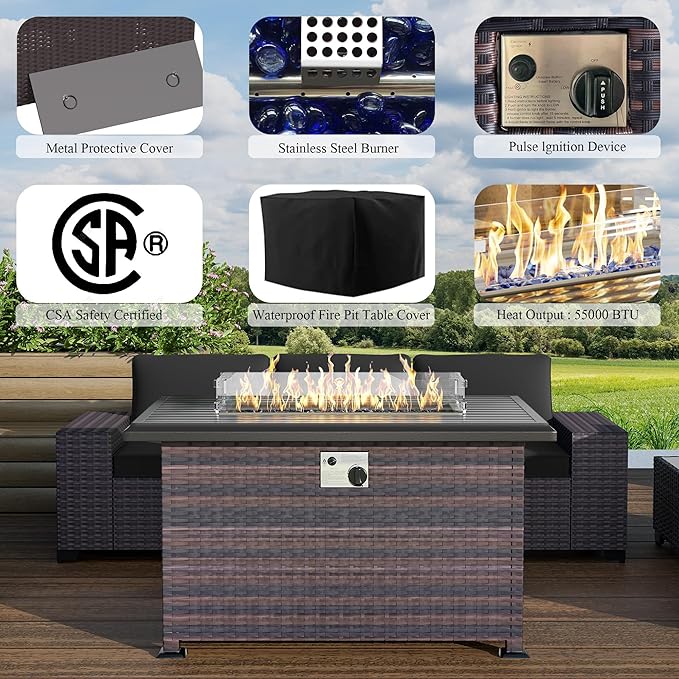 7 PCS Outdoor Patio Furniture Set,Outdoor Sectional Furniture with 43" 55000 BTU Gas Propane Fire Pit Table,All Weather PE Rattan Wicker Patio Conversation Set,Black