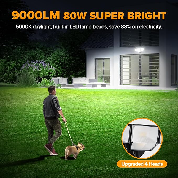 LUTEC 80W 9000LM Flood Lights Outdoor, Hardwired Switch Controlled LED Security Lights with 4 Heads, IP65 Waterproof, 5000K Daylight for Garage, Yard, Patio (Black)