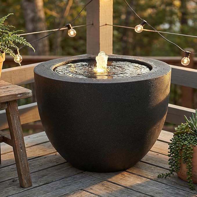 Sunnydaze Outdoor Water Fountain with LED Light - Polystone Oval Bowl Bubbler Water Feature with Pump - 12" H - for Patio, Garden, Deck, Relaxation and Stress Relief - Black
