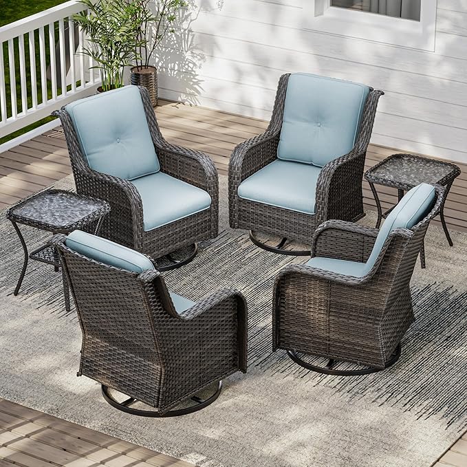 6 Piece Outdoor Wicker Patio Furniture Set, Outdoor Swivel Rocker Patio Chairs Set with Thickened Olefin Cushions, High Back and Deep Seating, Hand-Woven PE Rattan for Porch, Deck