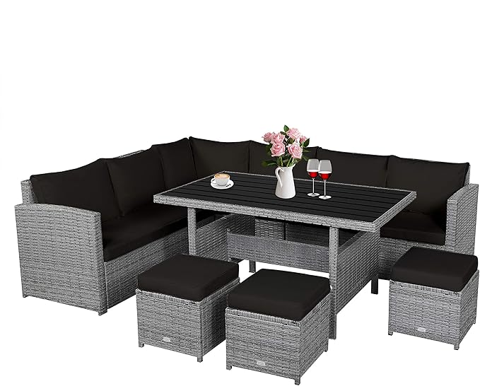 RELAX4LIFE 7 PCS Wicker Patio Furniture Set, Outdoor Rattan Sofa Set with Dining Table & Ottomans Soft Cushions for Backyard Garden Poolside Balcony, Sectional Conversation Couch Set (Black)