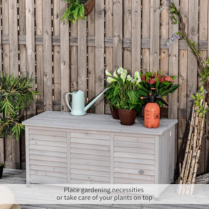 Wooden Deck Box, 75 Gallon Outdoor Storage Container Patio Storage Chest with Aerating Gap and Weather-Resistant Finish, Grey Garden Organizer for Cushions Tools