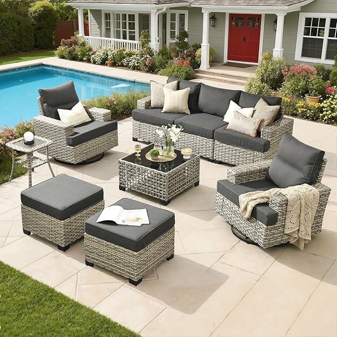 Rattan Patio Furniture Set with Swivel Chairs,9 Pieces Outdoor Sectional with Ottoman Glowing Coffee Table,Out Door Furniture Conversation Set,Black