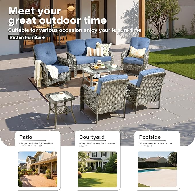 7 Pieces Patio Conversation Sets,Patio Furniture Set with Swivel Rocking Chairs,Coffee Table, Side Table, All Weather Rattan Wicker Outdoor Sectional Furniture Set for Porch Balcony Backyard Blue