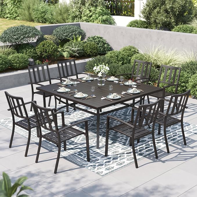 PHI VILLA Outdoor Dining Set for 8,57.5" Wood-Like Metal Table | 57.5” Square Black Metal Table with Umbrella Hole & Stackable Iron Chairs for Patio, Deck, Yard, Porch