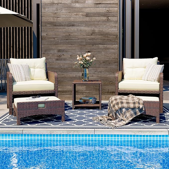 5 Piece Patio Furniture Set, All-Weather Patio Furniture with Soft Cushions, PE Wicker Patio Sofa Set with Coffee Table and Ottoman, for Outdoor, Porch, and Balcony (Beige-Brown)