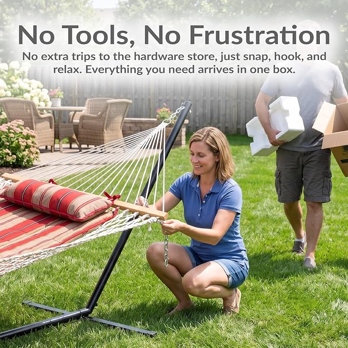 Sunnydaze Rope Double Hammock with Stand for Outside - Heavy Duty Freestanding Portable Outdoor Hammock Set with Quilted Pad, Pillow, and 12-Foot Steel Frame - 450 lb Capacity - Awning Stripe