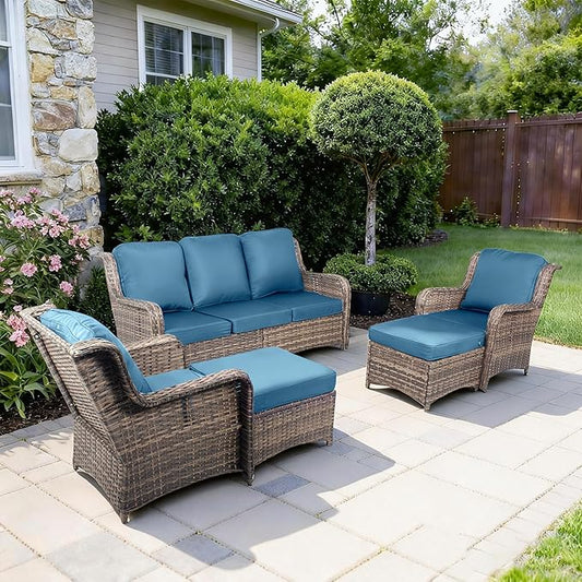 Wicker Patio Furniture Set, 33" High Back Chairs with 4" Thick Cushions, 5 Pieces Outdoor Seating Furniture, Conversation Set with Ottomans for Lawn Yard Porch, Peacock Blue