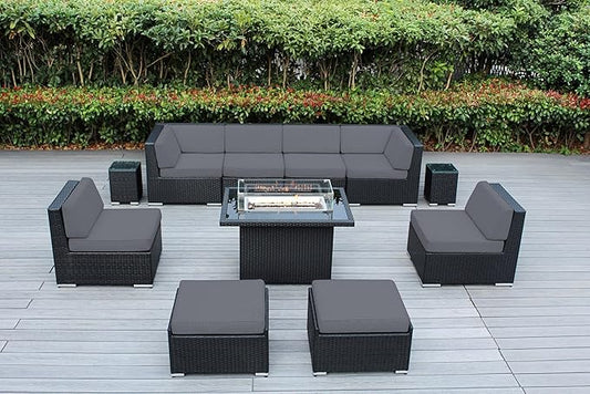 Fully Assembled 11 Piece Ohana Outdoor Patio Furniture Black Wicker Gray Cover Conversation Set with and 42-inch Propane Gas Fire Table