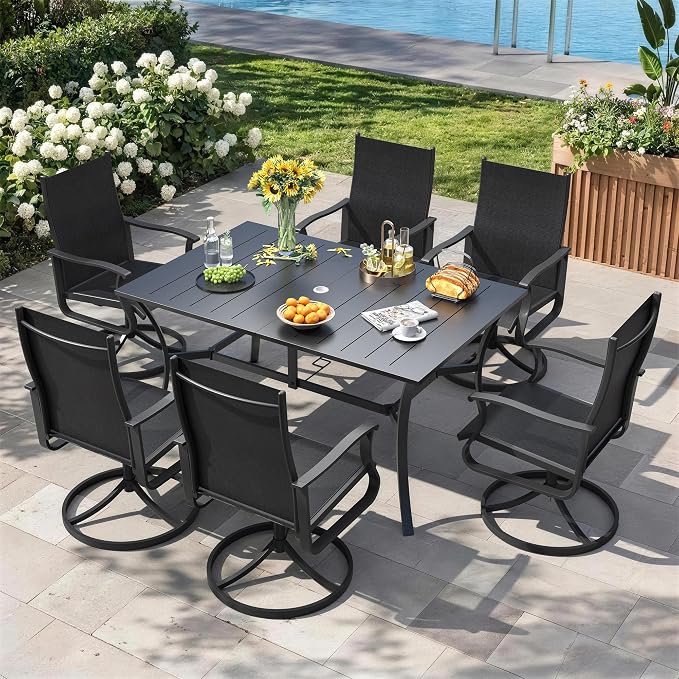 7 Pieces Patio Dining Set, Patio Outdoor Furniture Set of 6 Patio Swivel Dining Chairs and Patio Spliced Rectangular Tabletop with Umbrella Hole, for Deck, Backyard, Poolside & Garden