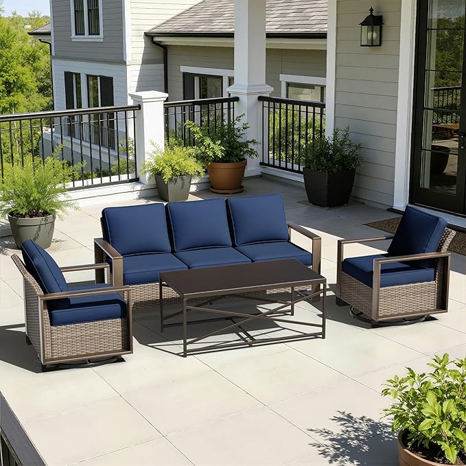 4 Pieces Patio Furniture Set with Wicker 75" Sofa, Two Swivel Rocker Chairs, One Coffee Table, Outdoor Conversation Furniture Set with Metal Armrest & Removable Cushions for Deck, Dark Blue