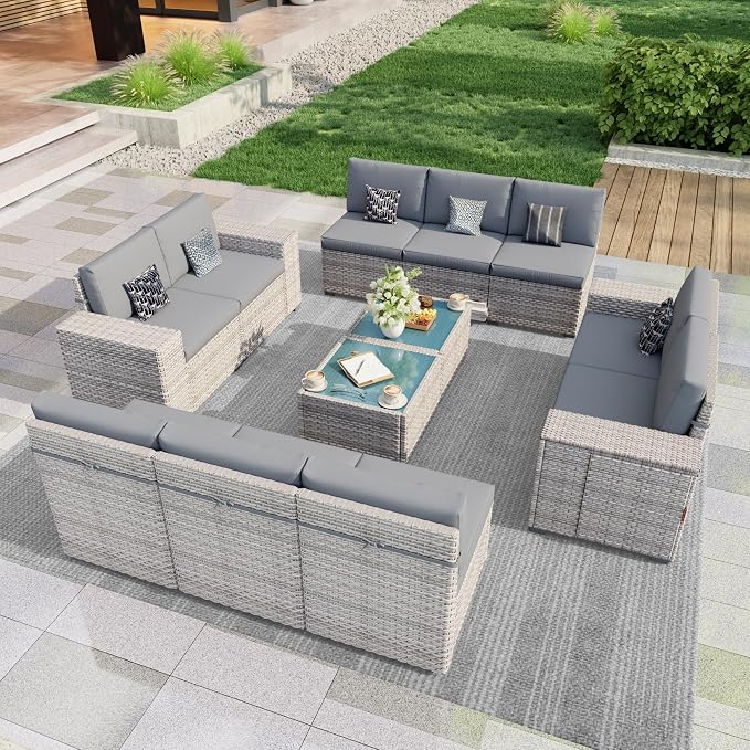 12-Piece Outdoor Patio Furniture Set, Rattan Wicker Conversation Set with Wide Armrests, Outdoor Modular Sectional Couch Seating Group Sofa for Deck Garden Porch (Gray Cushions)